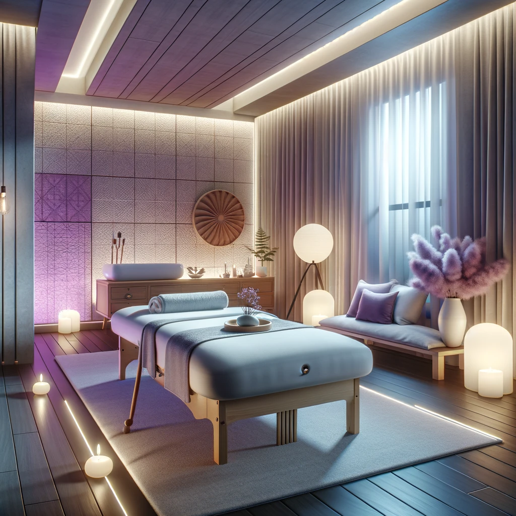 t reflects a modern, relaxed atmosphere for deep tissue massage, captured in shades of purple and white, with a realistic style